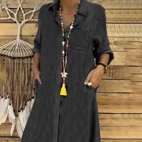 Denim Dress Single Breasted Pockets Summer Buttons Knee Length Dress Streetwear