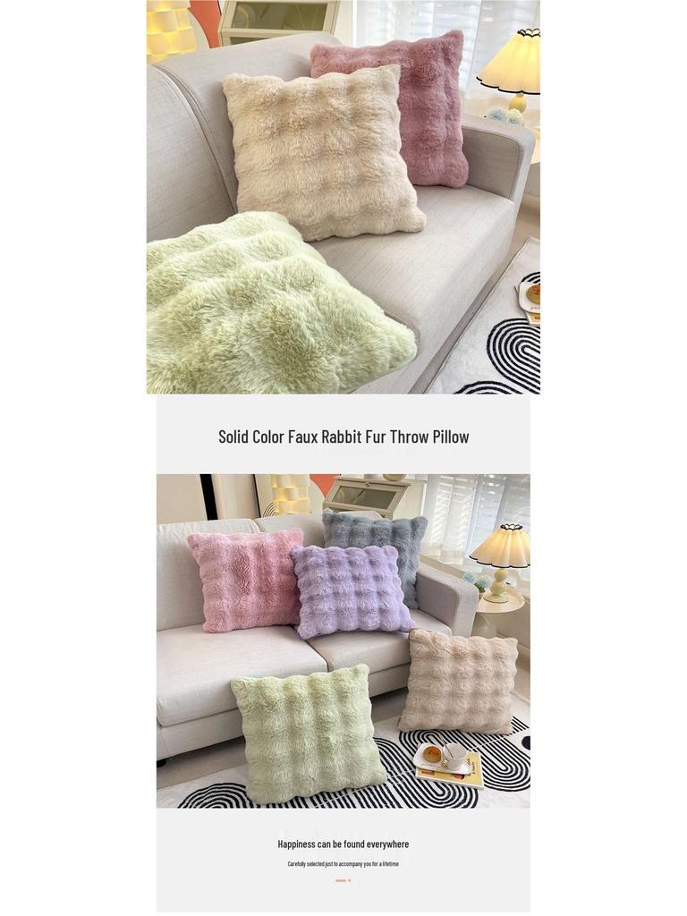 Pernă decorativă pătrată Nordic din blană artificială de iepure – Husă de pernă de lux culoare crem