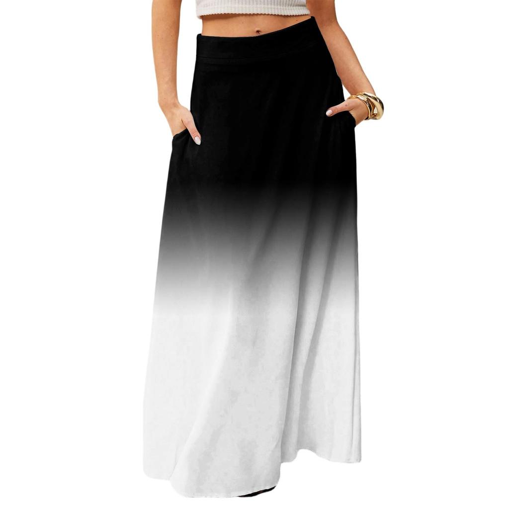 Damen Lässig Freizeit Faltbar Farbverlauf Druck Hohe Taille Mit Tasche Drapierter Entspannter Langer Maxi Rock