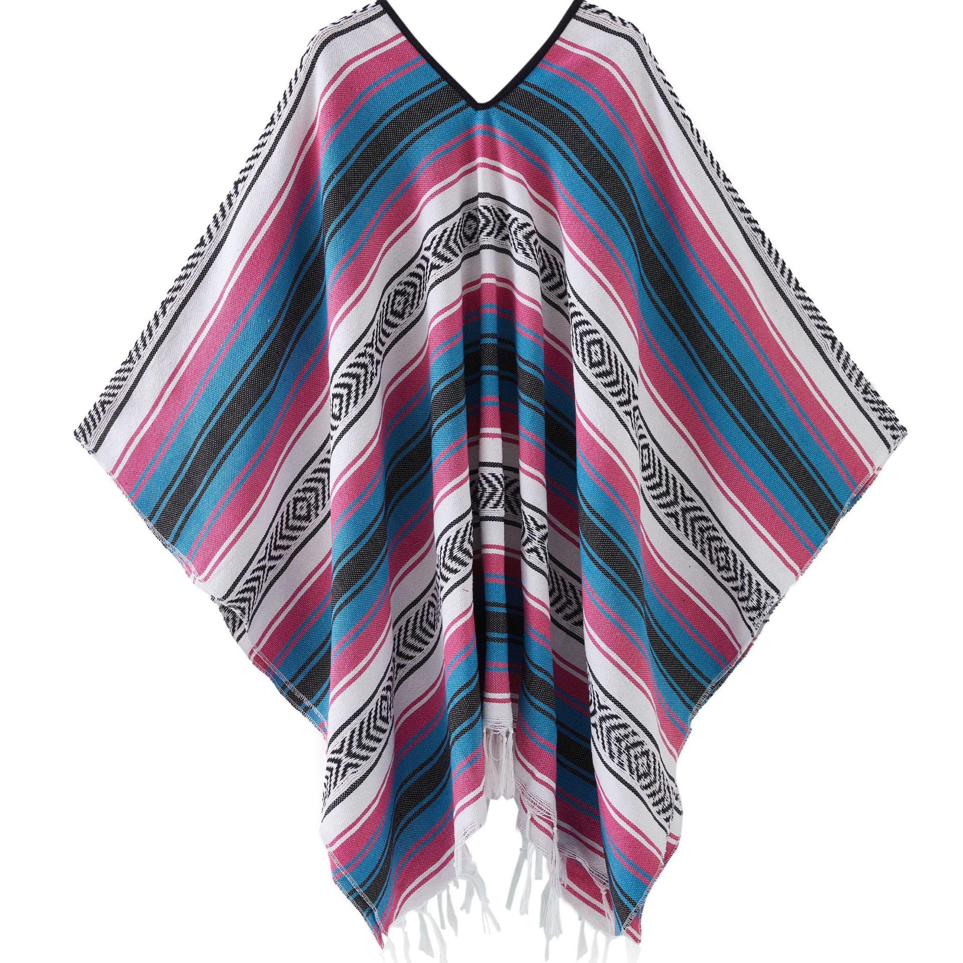 Colorful Woven Beach Towel Mexican Poncho Shawl with Fringe Geometric Pattern for Outdoor Travel XL