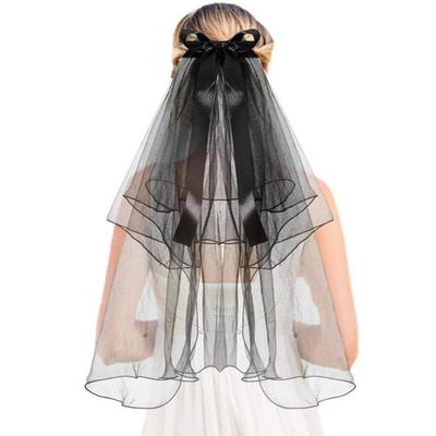 1 Pcs 2 Tier Veils For Brides Womens Layered Black Tulle Short Wedding Veil Veil With Bow Wedding Halloween Cosplay Party