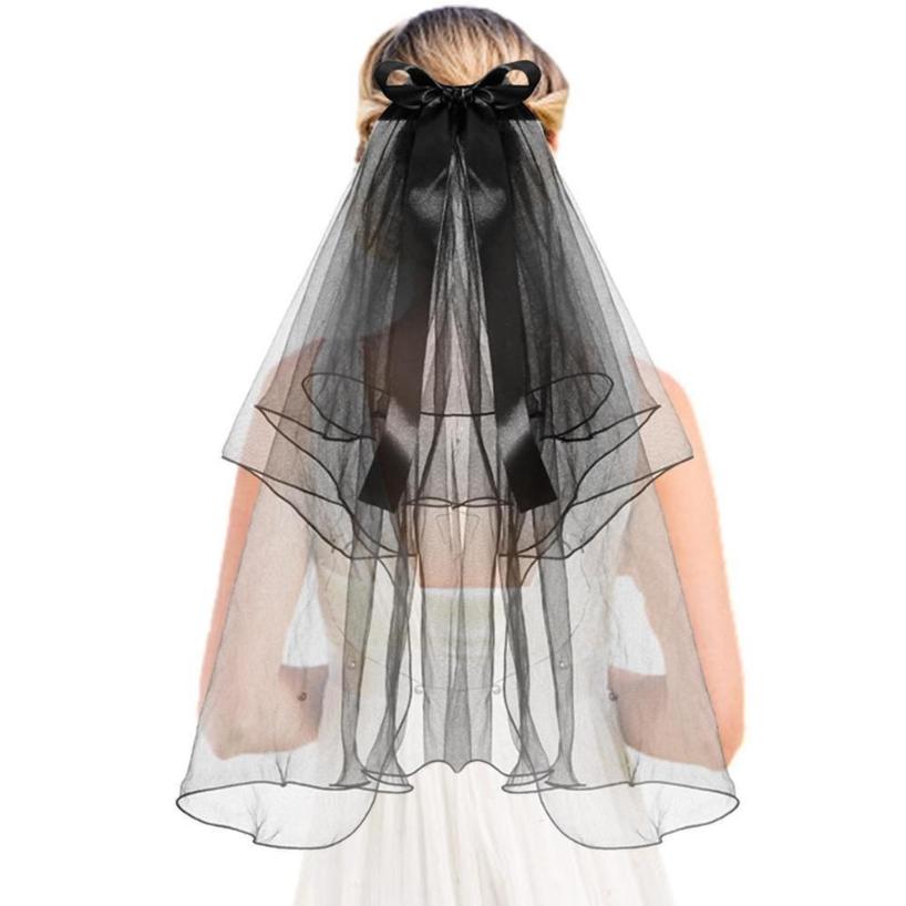 1 Pcs 2 Tier Veils For Brides Womens Layered Black Tulle Short Wedding Veil Veil With Bow Wedding Halloween Cosplay Party