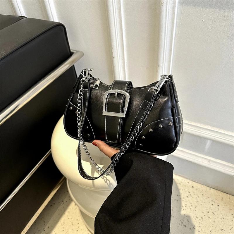 Vintage Rivet Women's Shoulder Bags Solid Color Ladies Underarm Bag Fashi Chain Small Handbags PU Leather Female Tote Purse