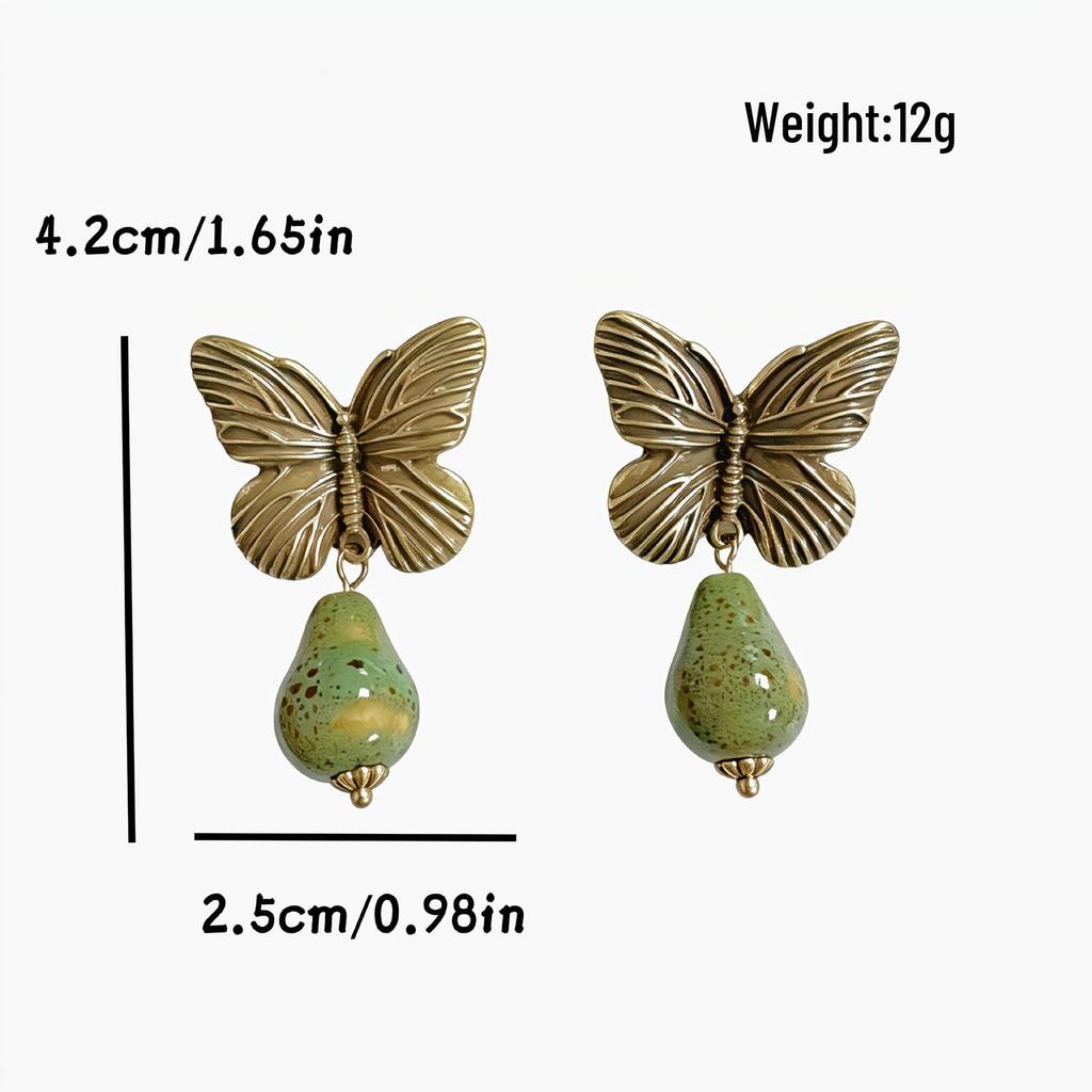 Vintage Retro Distressed Butterfly Stud Earrings - Chinese Style Stone Pendant Jewelry