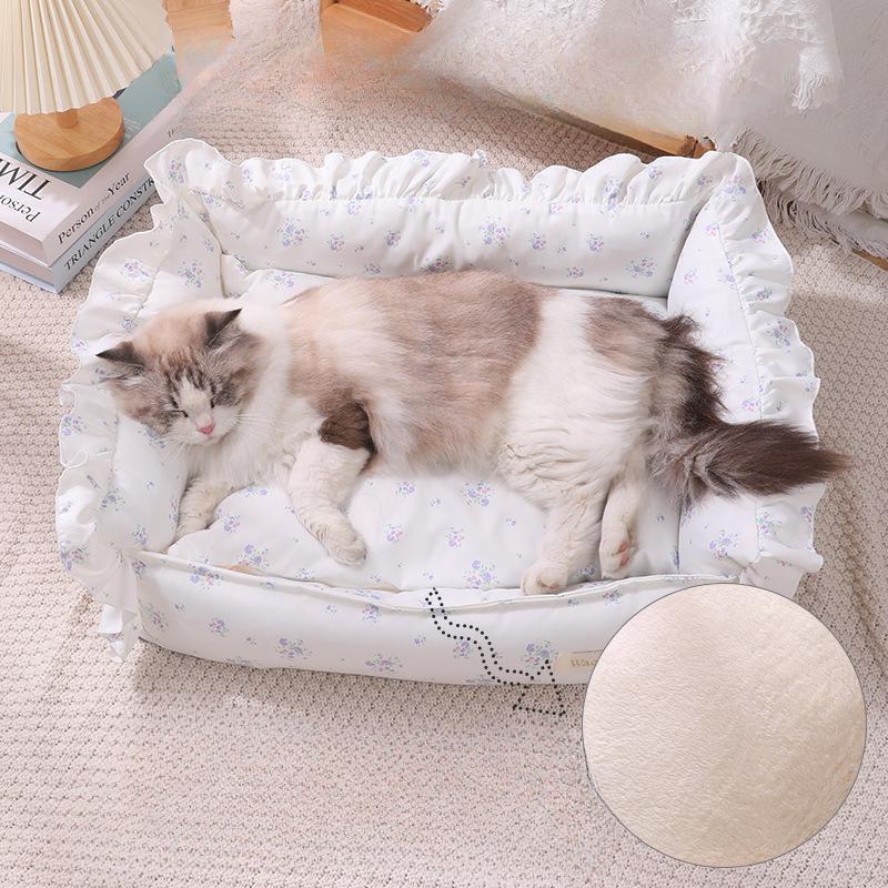Koreanischer Spitzenzwinger für alle Jahreszeiten, warmes Katzennest, süßes Haustiernest mit Blumenmuster, vollständig abnehmbares und waschbares Nest für Herbst und Winter