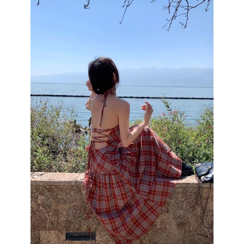 Red Plaid Neck Suspender Dress Women's Summer Temperament Backless Strap Waist Thin Seaside Vacation Dress