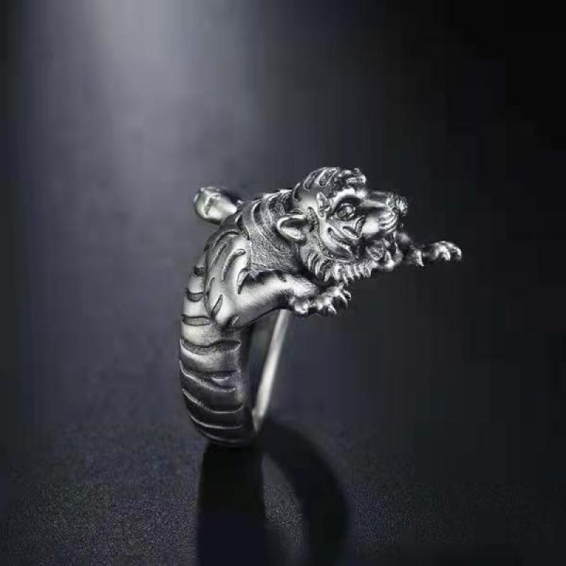 Adjustable Vintage Tiger Ring Men Women Copper Silver-Plated Open Band Zodiac Animal Jewelry