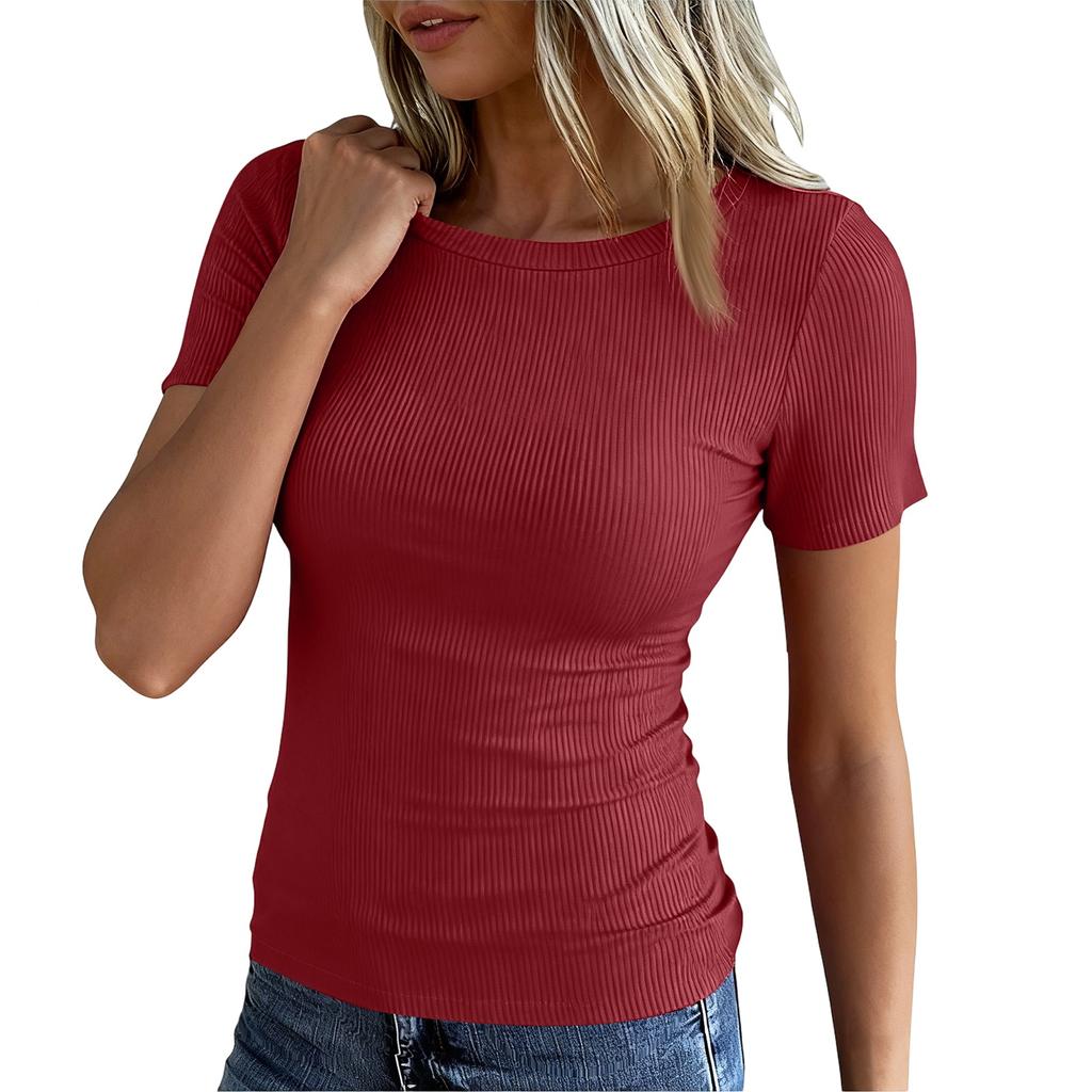 Ladies Slim Bottom T-shirt Fashion Casual Colour Round Neck Pullover Short Sleeve Top