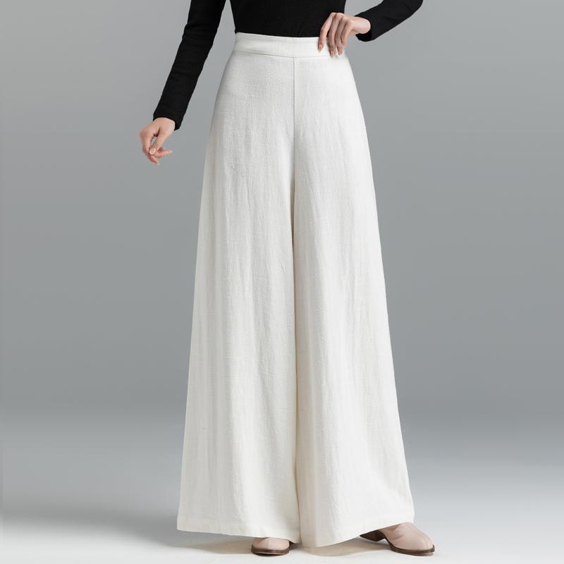Women's High-Waisted Drapey Wide-Leg Cotton and Linen Pants, Solid Color, Loose and Pleated.