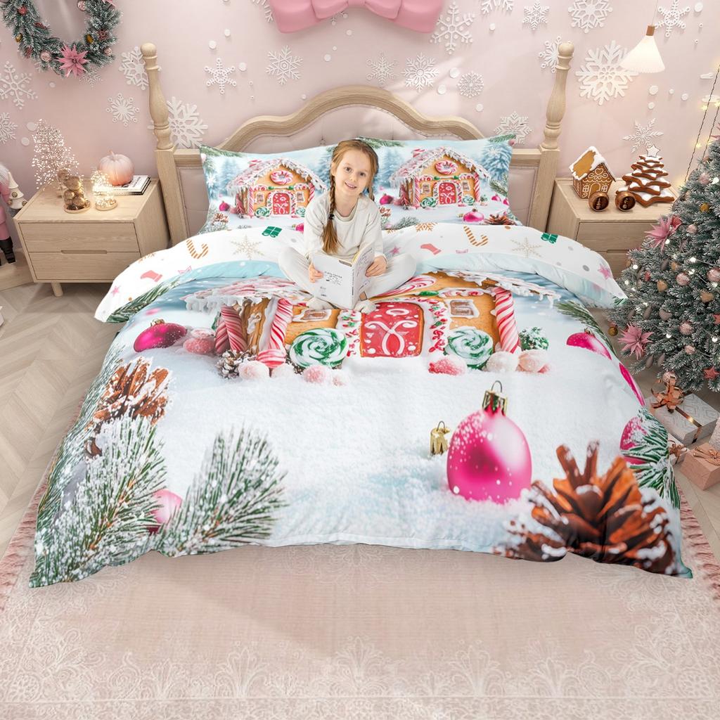Homewish Kawaii Lebkuchen Bettbezug-Set für Mädchen Jungen, Weihnachtsbaum Weihnachtsmann Bettdeckenbezug-Set, Schneeflocken Bettwäsche-Set