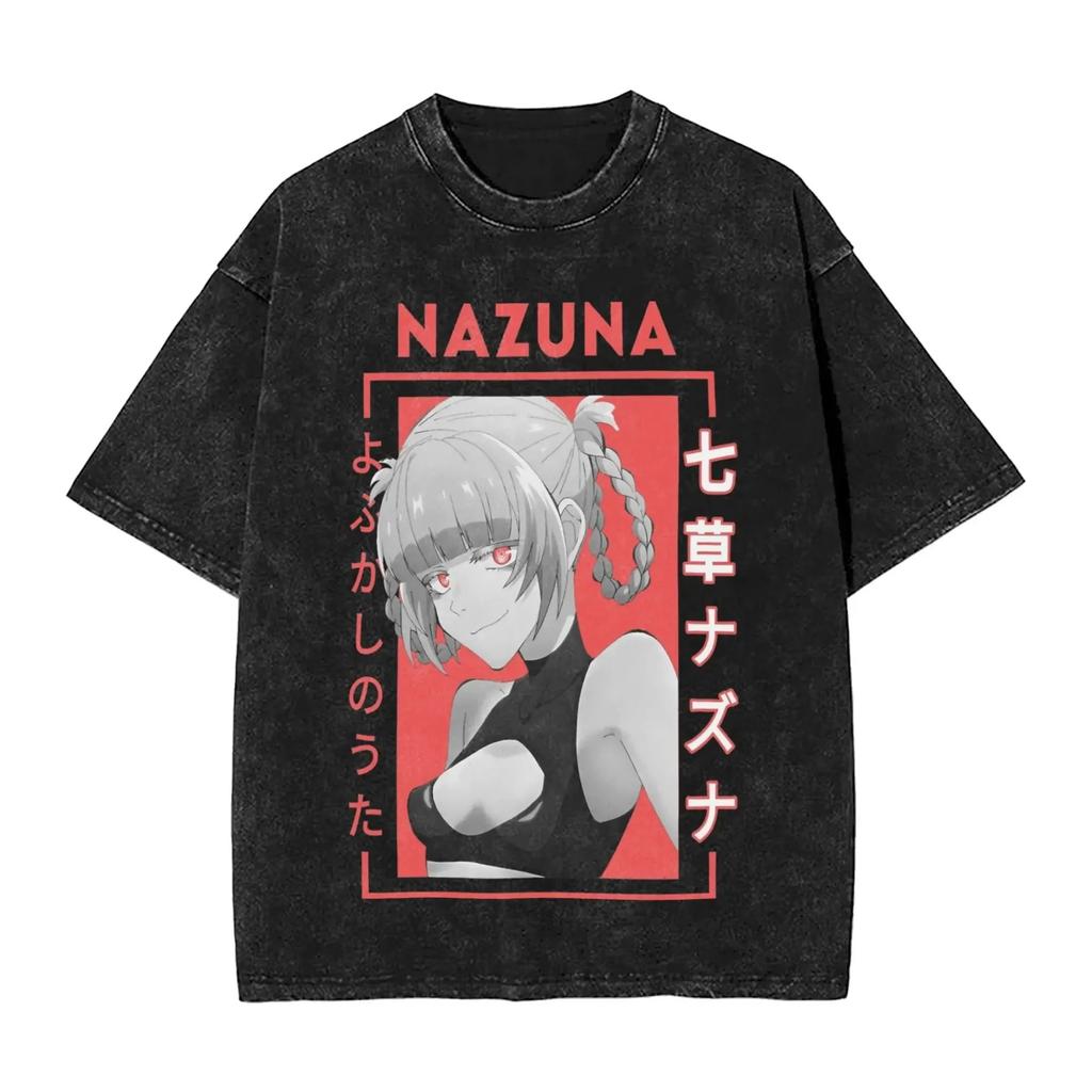 Call of the Night Nazuna Manga Print TShirt Unisex Vintage Washed Harajuku Style Loose Casual Pure Cotton Summer Short Sleeve