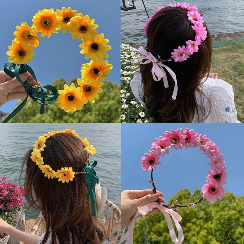 Realistic Sunflower Garland Headband Bohemian Crown Headpiece Tiaras Flower Hairband Women Wedding Party Accessories
