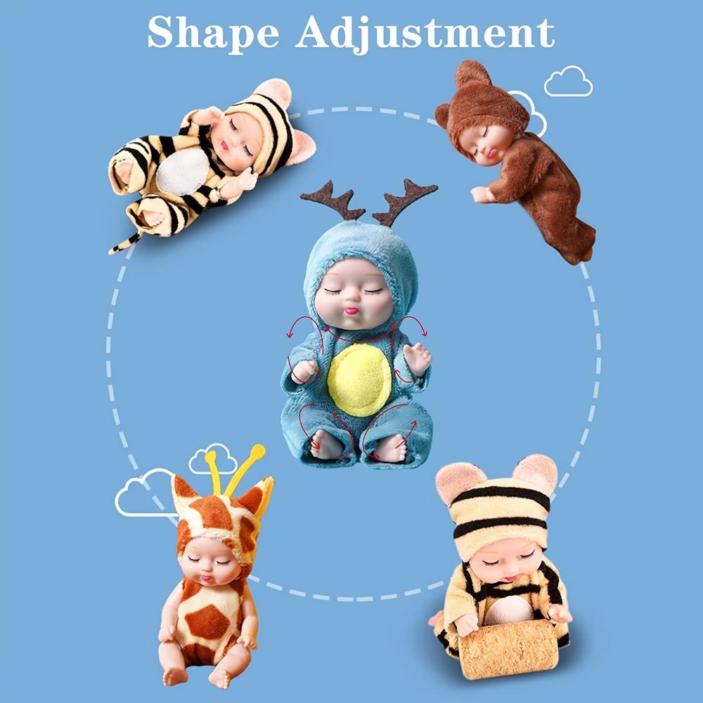 Mini Rebirth Doll 4.3 Inch Cute Animal Doll Deer/Bee/Bear/Giraffe/Tiger/Rabbit Washable PVC Material Forced Clothes and Hat Toys