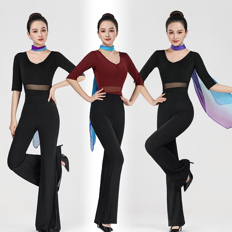 Women's V-Neck Short Sleeve Dance Outfit with Black Flared Pants