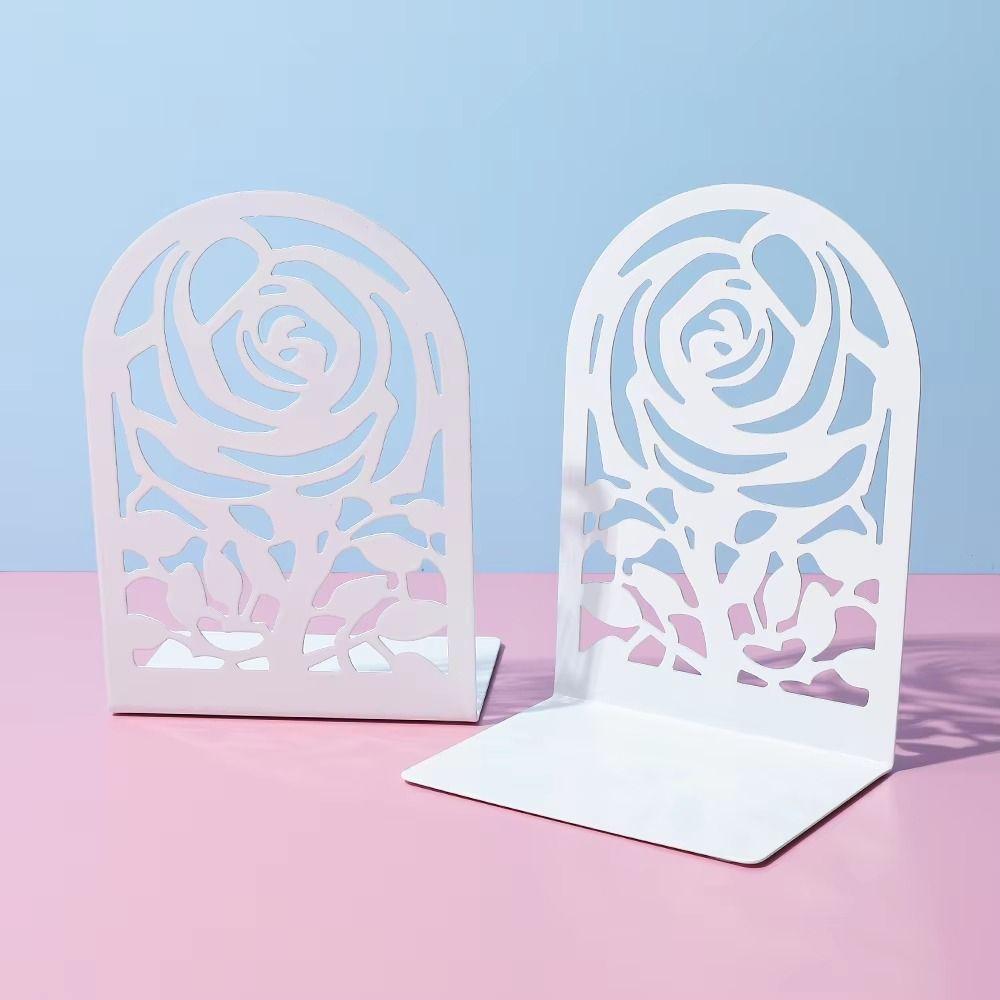 2Pcs Metal Rose Bookends Hollow Design Book Stoppers Durable Bookshelf Organizer Bookshelf