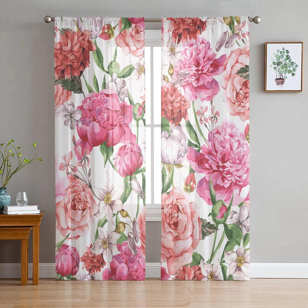 Valentine'S Day Flower Red Rose Flower Tulle Curtains for Living Room Kitchen Sheer Voile Curtain Bedroom Window Panels