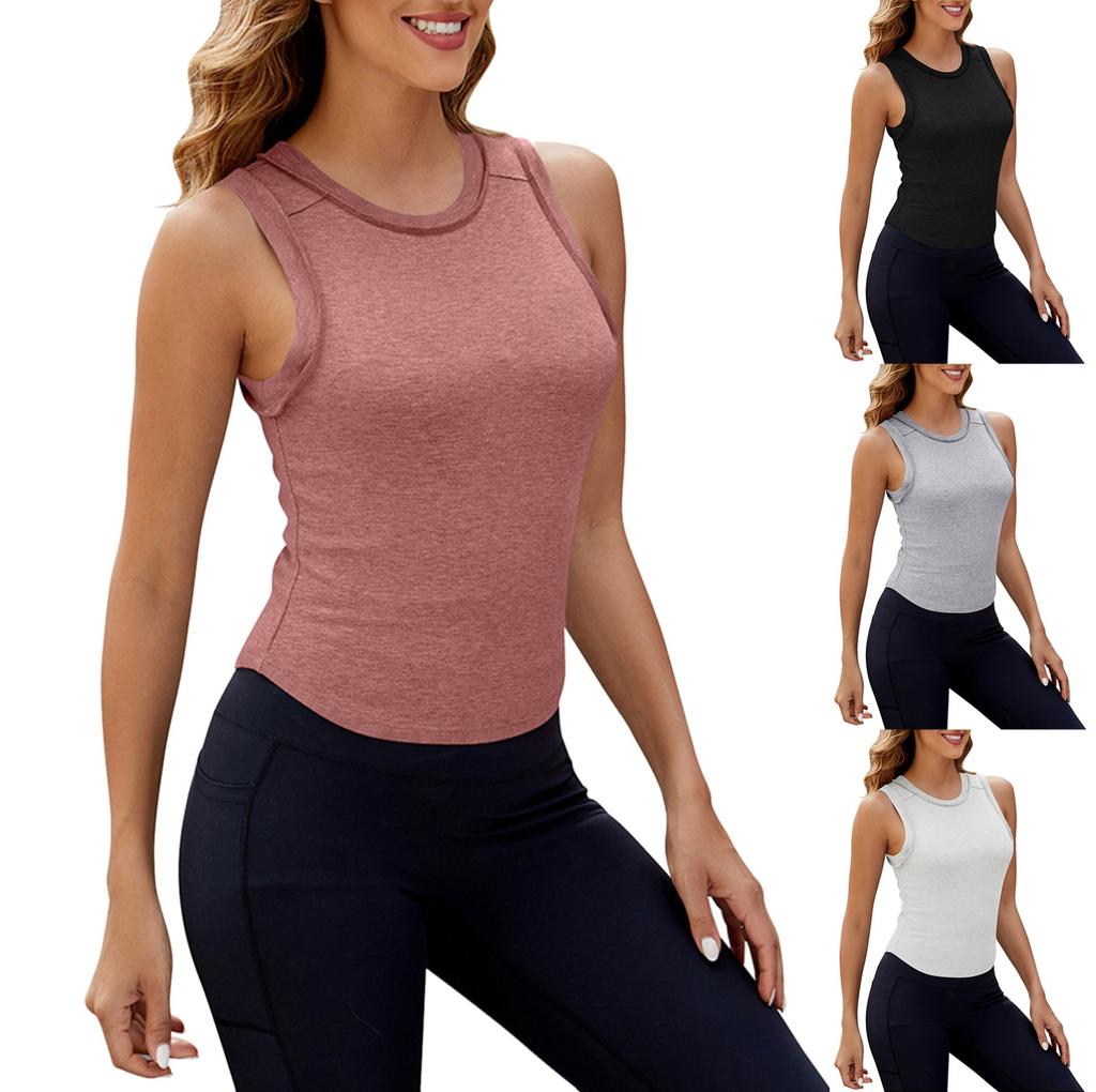 Women's Fashion Solid Color Sleeveless Round Neck Slim Fit Bottom Tank Top T-shirt Top
