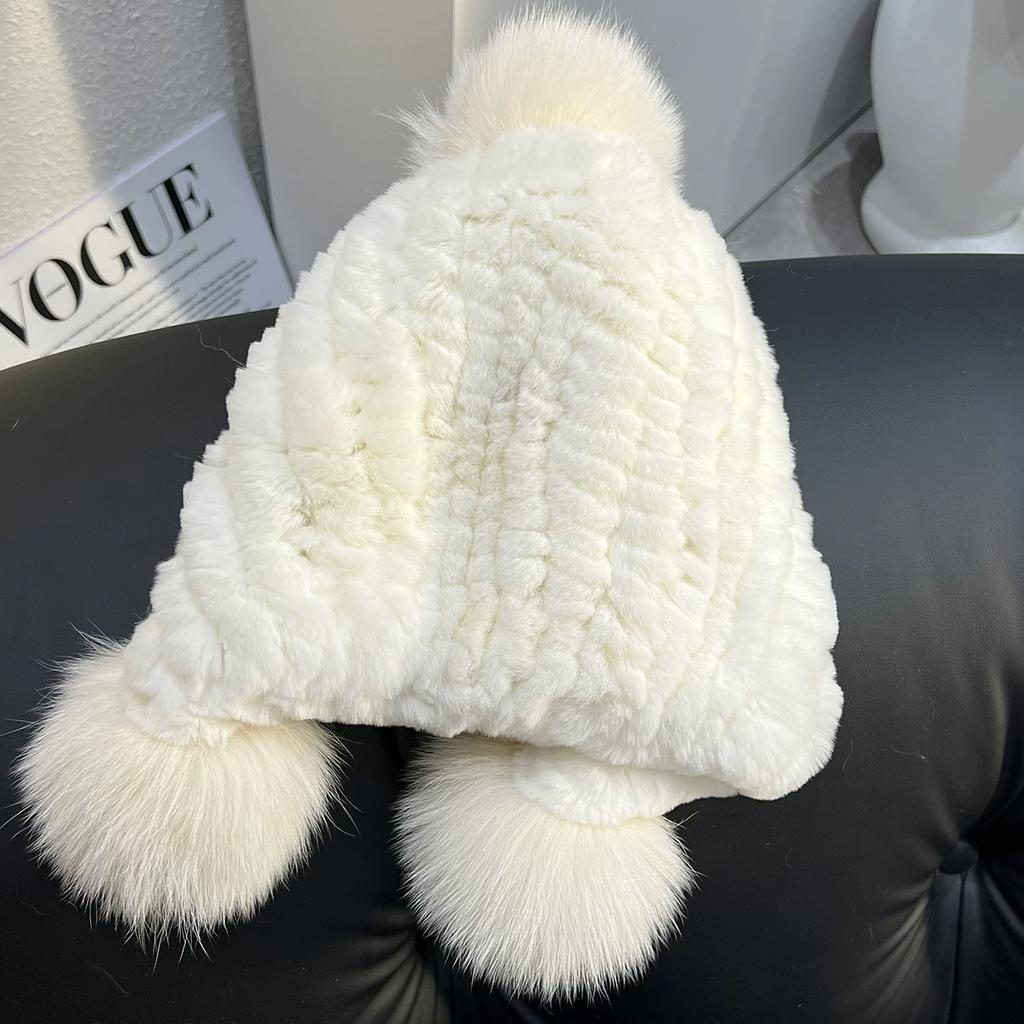 Girl Cute Real Rex Rabbit Fur Hat Big Fox Hairball Head Hat Thickened Warm Ear Hat Winter