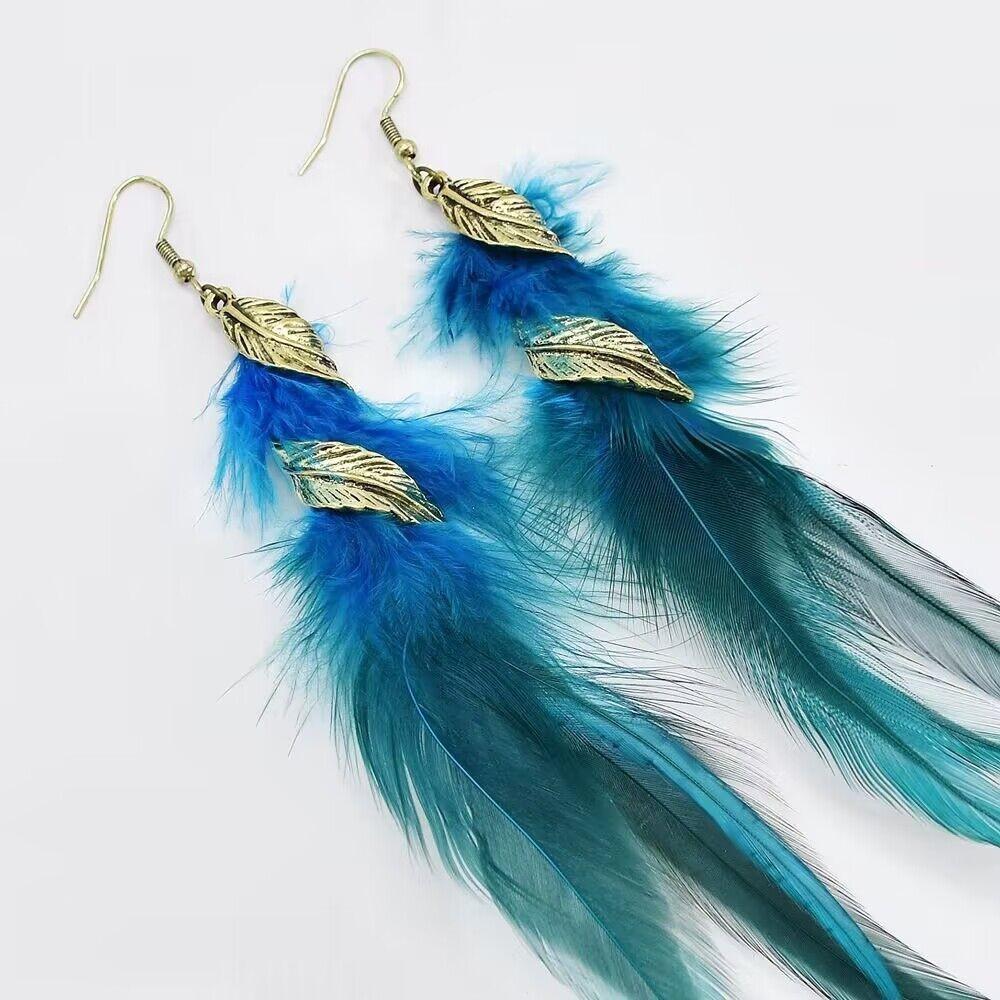 Bohemian Blue Peacock Feather Long Tassel Earrings Ethnic Unique Dangle Drop Earrings For Women Fashion Jewelry