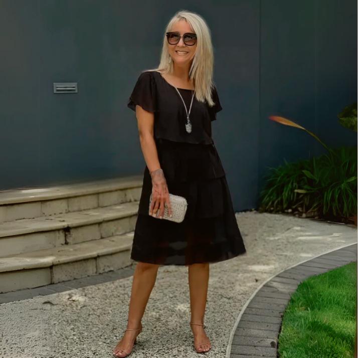 2025 Summer Women's Short Sleeve Tiered Chiffon Dress - European & American Style