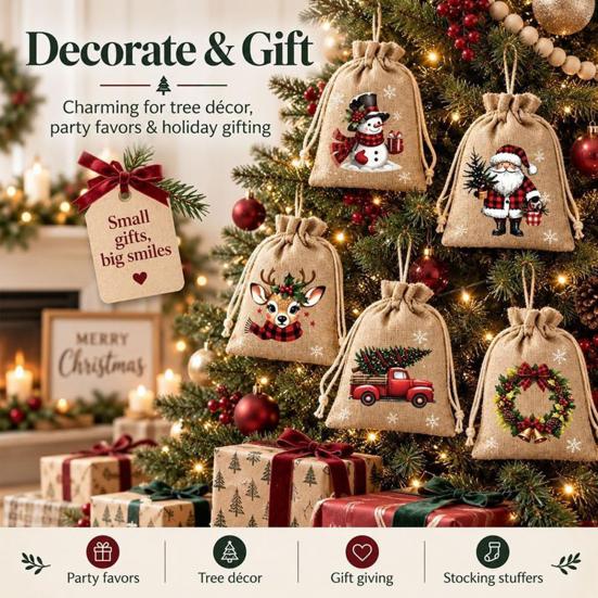 Small Fabric Gift Packaging Christmas Jute Burlap Bags, Drawstring Treat Candy Reusable Pouches Bag, Linen Pouch for Holiday Party Favors Storage