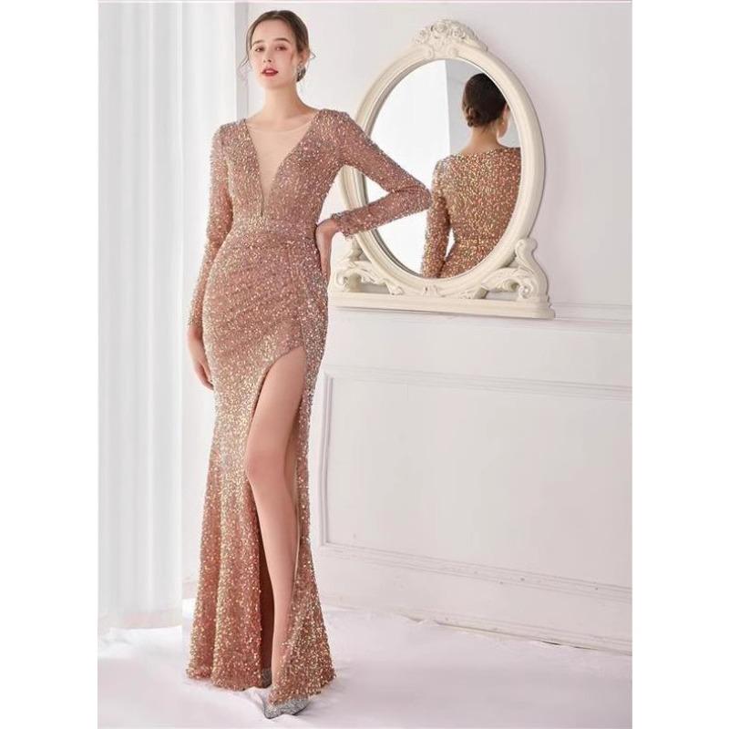 

Sequined split evening dress women s new celebrity birthday party host hip-wrapped car model sexy slim dress XL абрикосовий