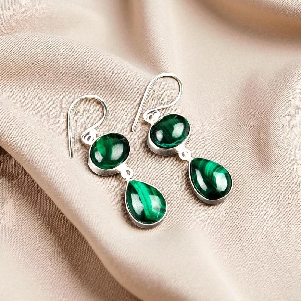 Natural Malachite Gemstone 925 Sterling Silver Jewelry Handmade Earrings 1.88" EE-73-11