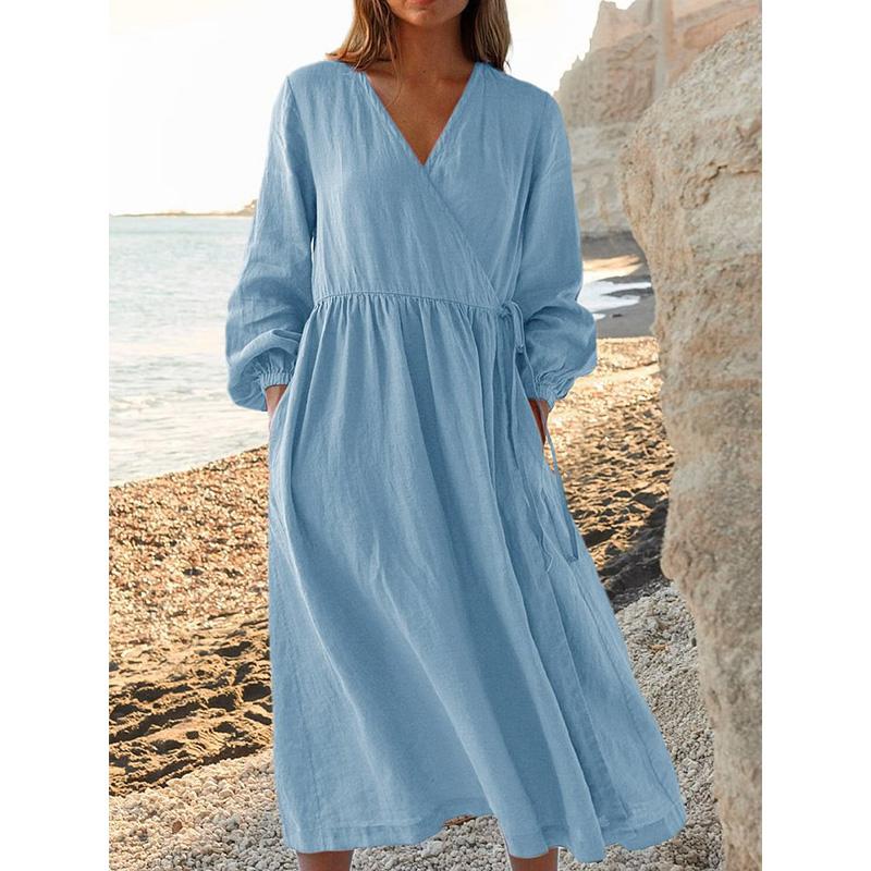Damska lniana sukienka z wysokim stanem, luźny krój, gładki kolor, prosty styl, letnia sukienka midi