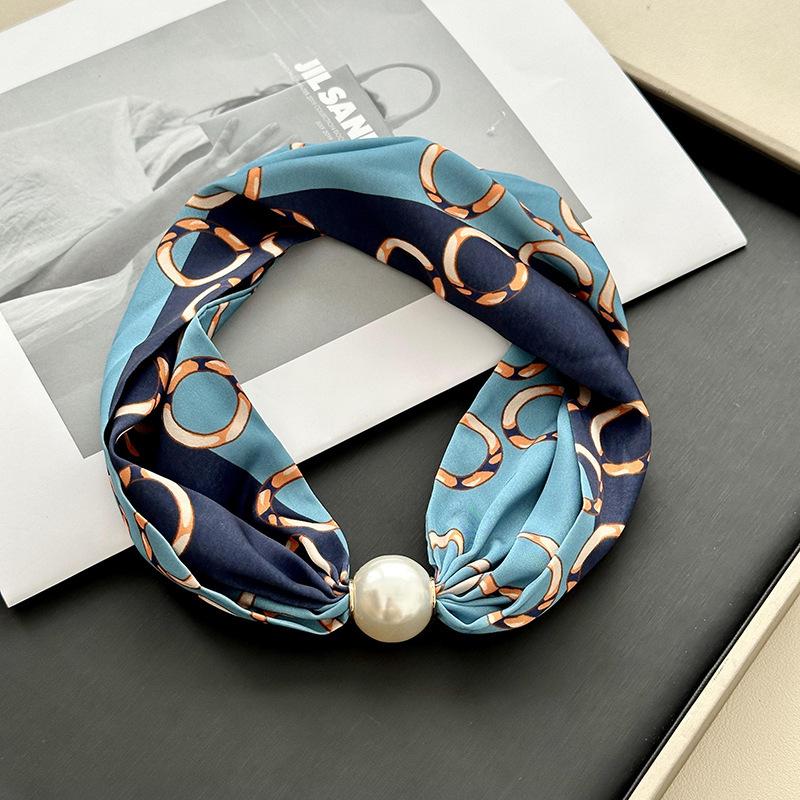 Pearl magnetic buckle small silk scarf women's lazy neck protection spring new versatile high-sense magnetic buckle necklace scarf