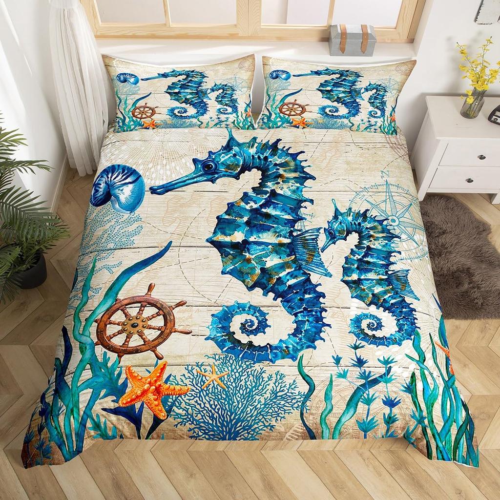 Seahorse Duvet Cover Sets For Kids Teens Queen Lightweight Bedding Sets Ocean Animal Bedspread Covers Bedroom Decor No Comforter
