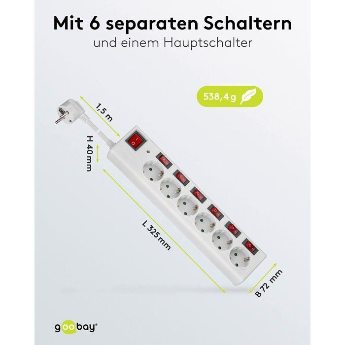 Multiprise - Goobay - 72568 - 6 Prises - Interrupteur - 1,5 m - Blanc
