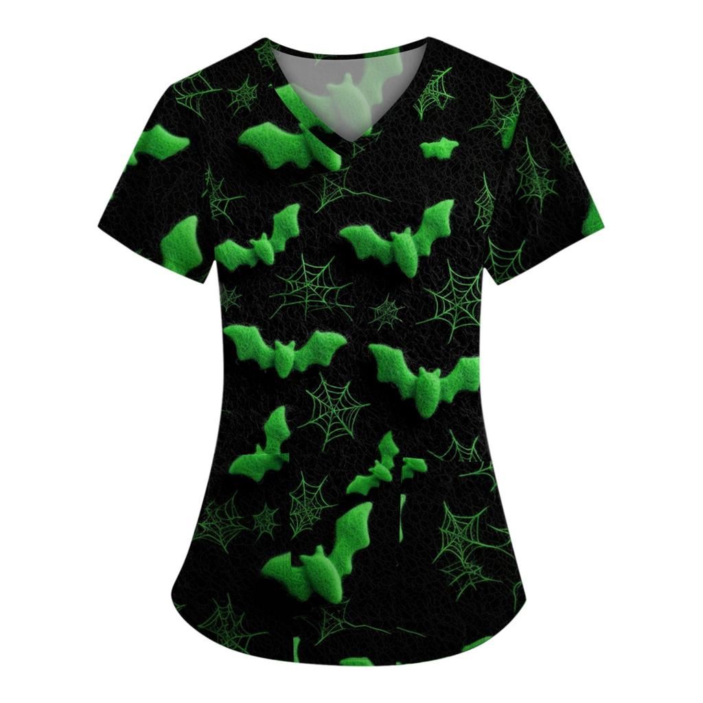 Plus SizePrinted Scrub Working Uniform Tops For Women's Cross V-Neck Halloween Print Short Sleeve Fun T-Shirts Workwear Tee With Pockets