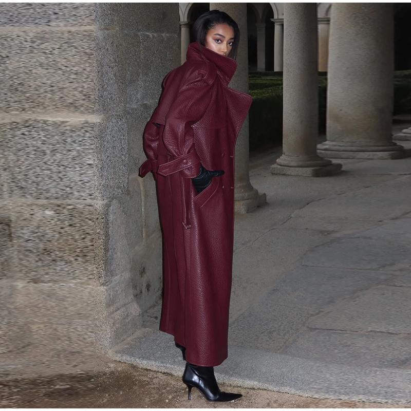 Street Vintage Long Leather Jacket Women Double Breasted Lapel Lace Up Full Sleeve Belt Jackets 2025 Spring Fashion Lady Outwear