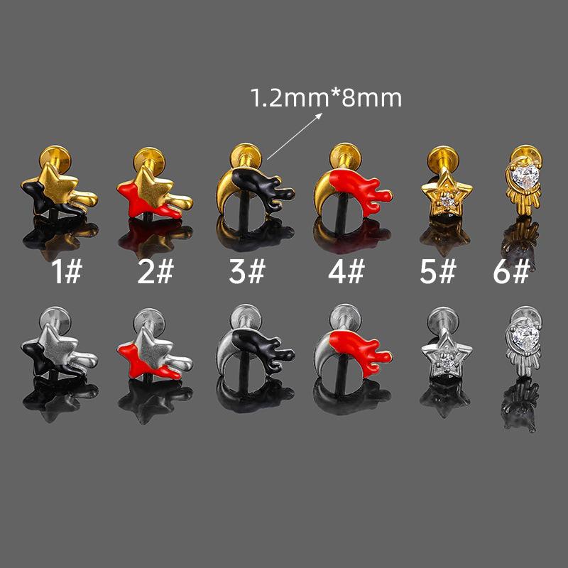 316L Stainless Steel Enamel Zircon Star & Moon Stud Earrings - Colorfast Unisex Jewelry