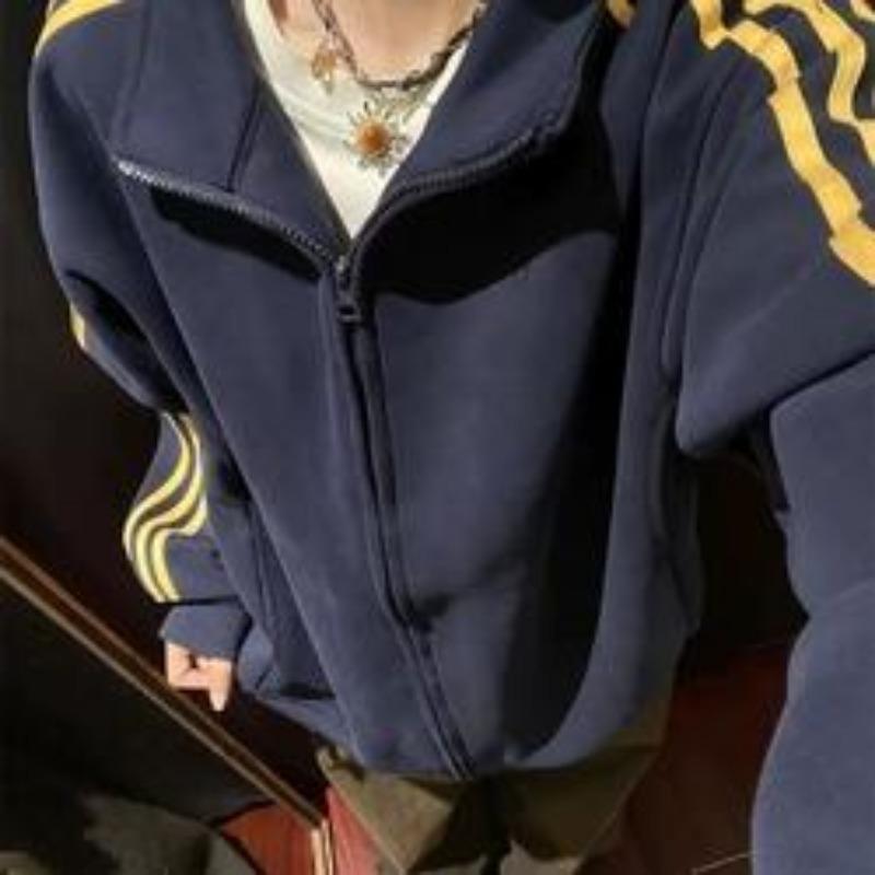 Herbst und Winter Baseball Color Blocking Sweatshirt Langarm Fleecegefütterte und verdickte Vintage Loose-Fit Jacke Petite Top