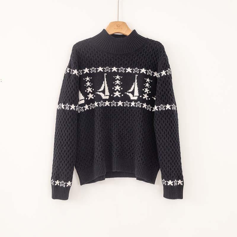 

Шикарный свитер жаккардовой вязки в стиле Fair Isle, свободного кроя, с полувысоким воротником, женский, новый, осенне-зимний, утолщенный трикотажный свитер L темно-синий