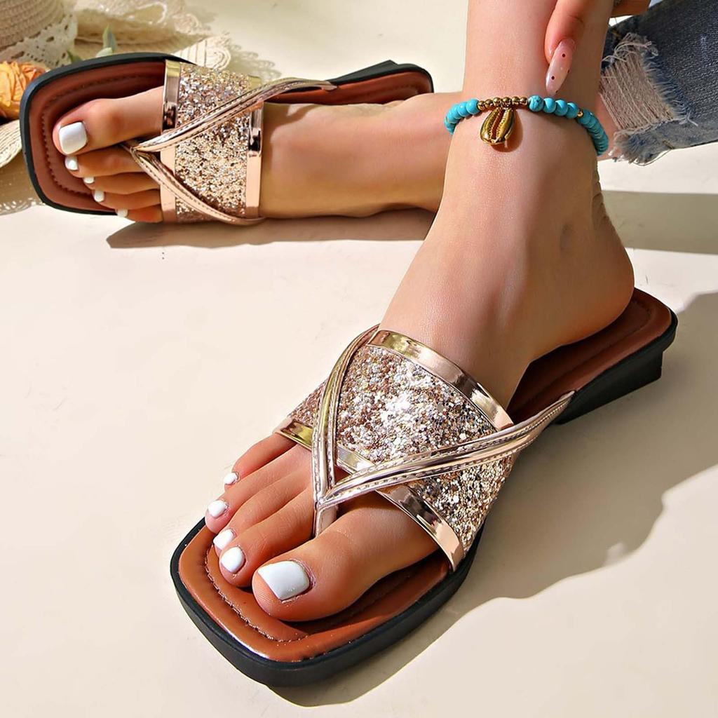 One line fashion woven sequin casual flip flops