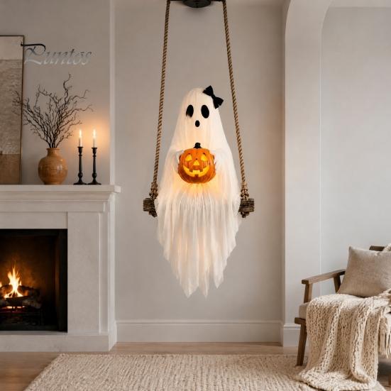 Holiday Home Atmosphere Enhancers Halloween Lighted Ghost Swing with Glowing Pumpkin, Hanging Spooky Decor Decorative Props for Festivals Porch Yard,