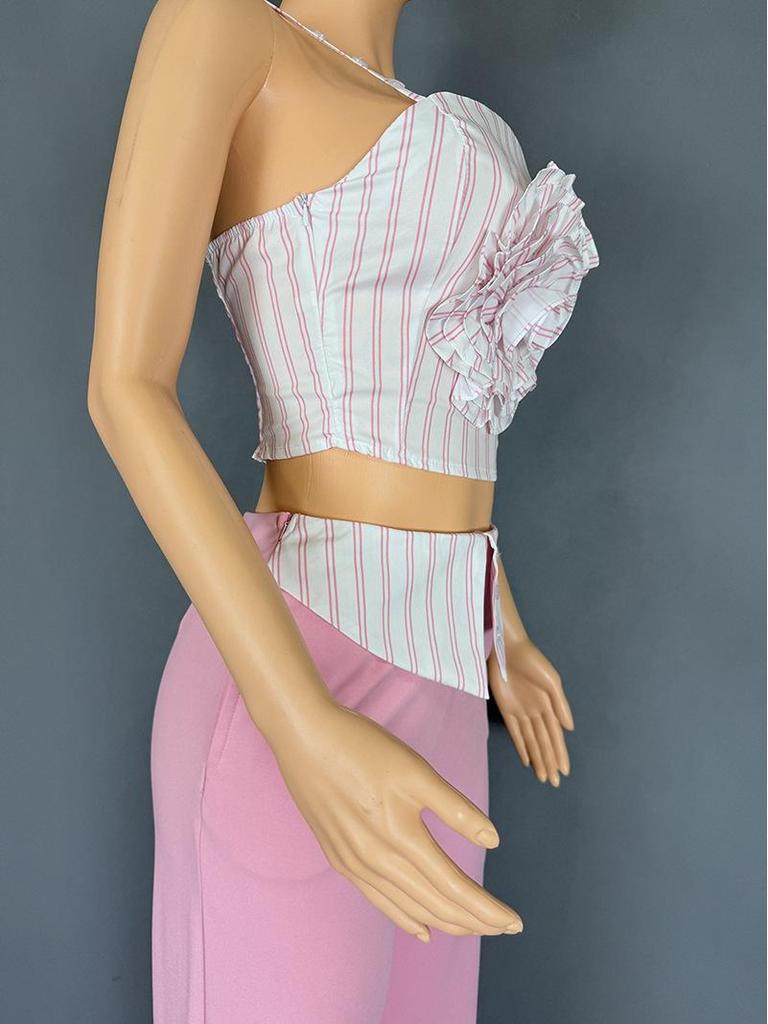 European-American Design Women's Striped Floral Tube Top & Straight-Leg Pants Set