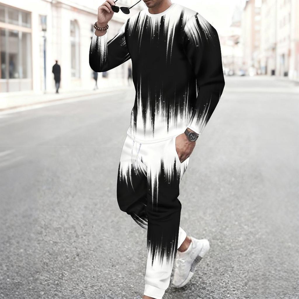 Men Black Cyan Brush Stroke Drip Gradient Print Long Sleeve Sweatshirt Jogger Pants Two Piece Suit
