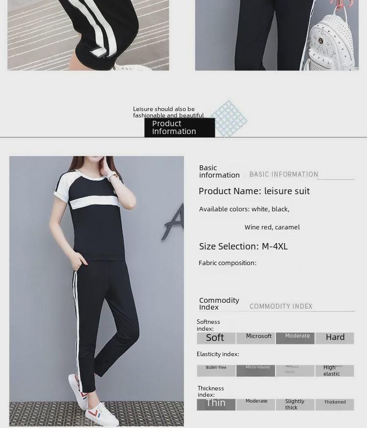Women's Summer Sports Suit 2025: Color-Block Short-Sleeve Top & Nine-Point Pants, Plus Size.