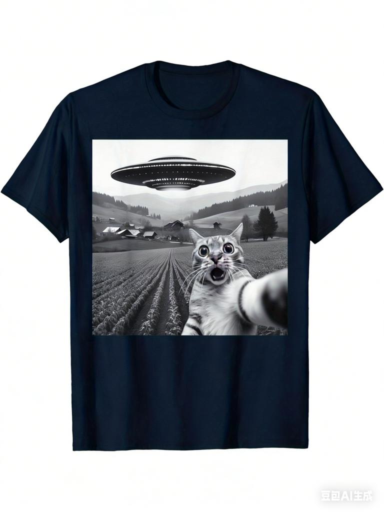 Dámské a pánské tričko s potiskem vzoru UFO a kočky, letní, neformální, volné, humorné, s kulatým výstřihem, s krátkým rukávem, oversize top, tričko, unisex