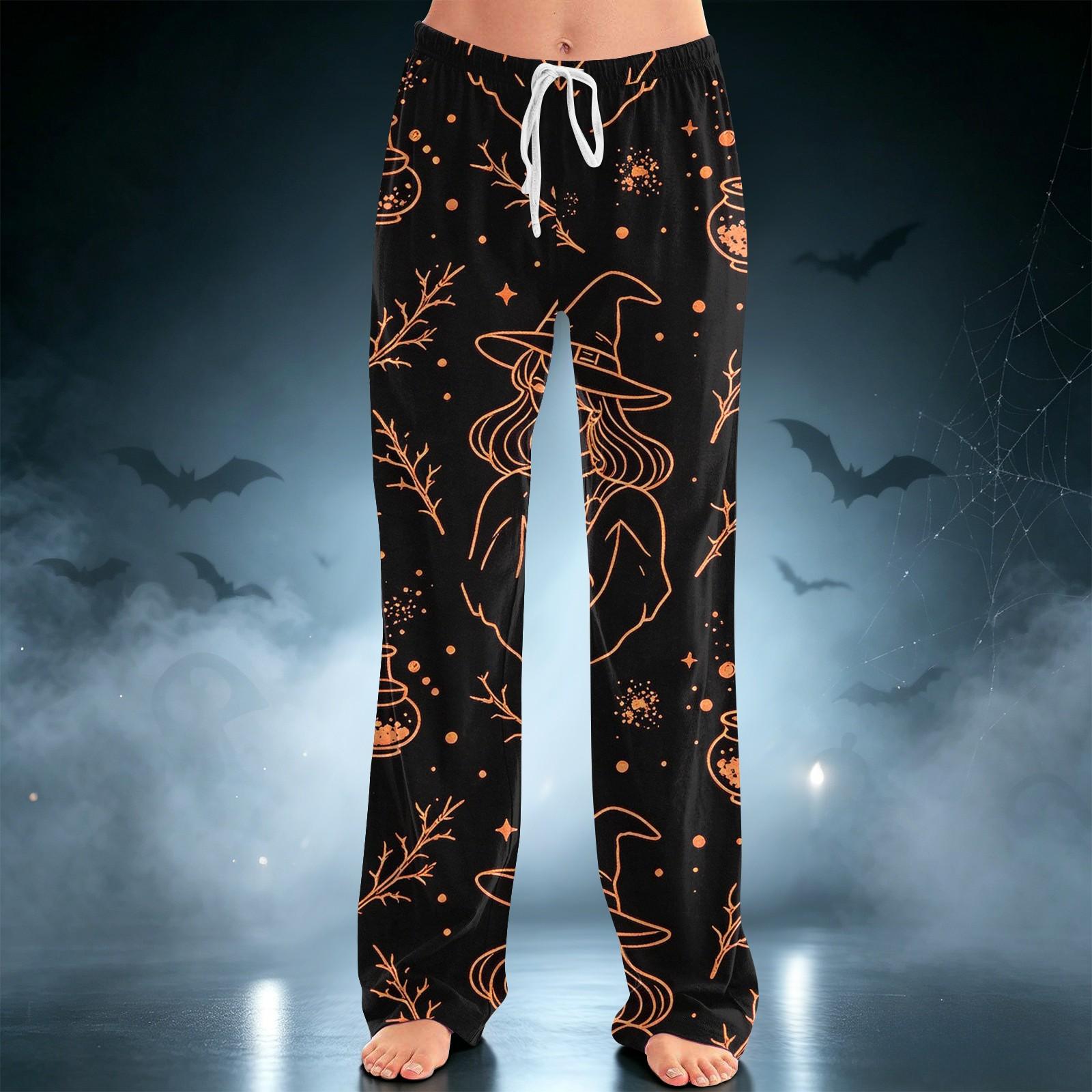 Women s Halloween Print Drawstring Wide Leg Pants for Casual L