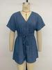 TikTok 2026 Casual V-neck Faux Denim Blue Waist-cinching Jumpsuit