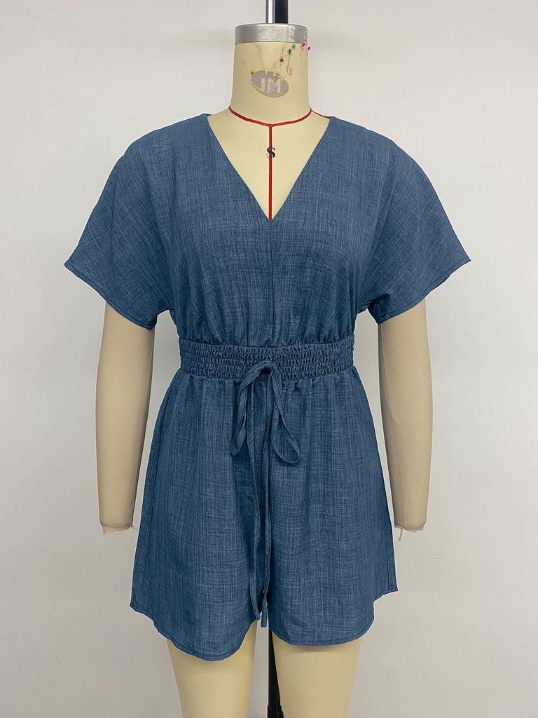 TikTok 2026 Casual V-neck Faux Denim Blue Waist-cinching Jumpsuit