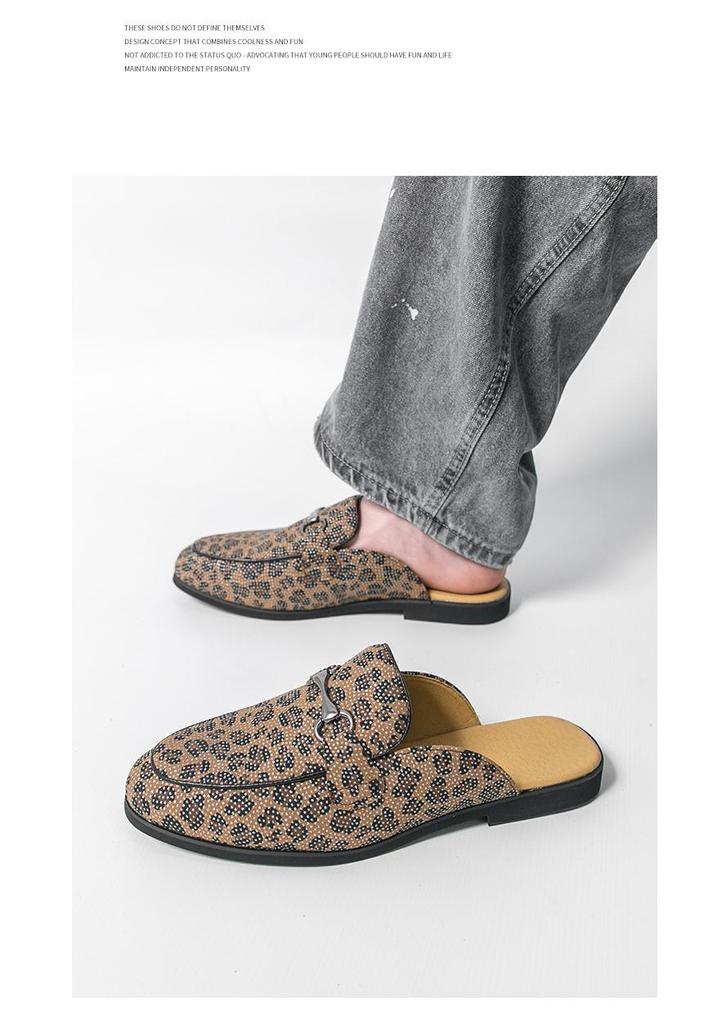 Men's Leopard Print Closed-Toe Backless Leather Slippers - Korean Style Versatile Summer Shoes