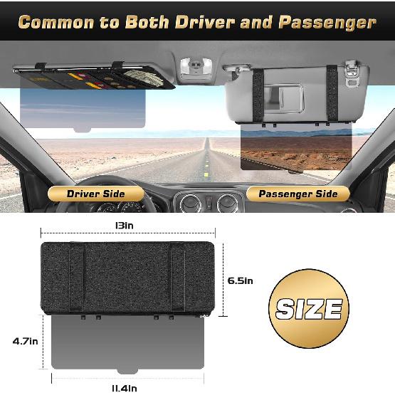 Polarized Sun Visor For Car With Organizer, Upgraded Adjustable Visor Extension, Handmade PU Leather Universal Sun Visor Extender Protects From Sun