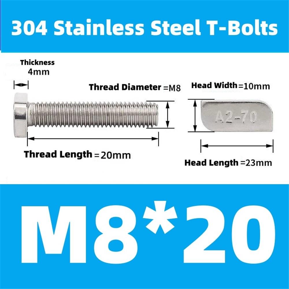20Pcs A2-70 Stainless Steel M8x20 T Slot Hammer Head Bolts With Flange Nuts, Heavy Duty T Stud Sliding Screws For Aluminum Profile Solar PV Mounting