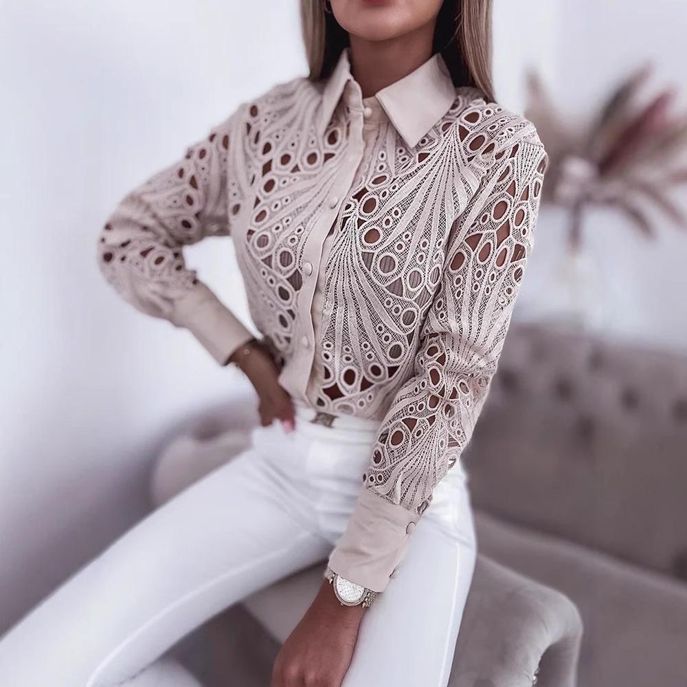 Women's Versatile Spring/Autumn Lace Hollow Long-Sleeve Shirt