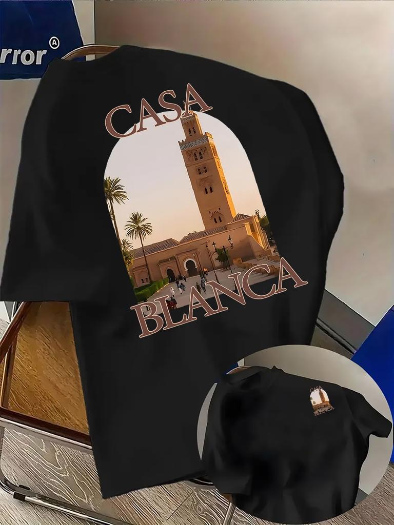 Herren T-Shirt mit marokkanischer Stadtarchitektur Stranddruck Reiner Baumwollstoff mit Casablanca Schriftzug - Sportliches und lässiges Damen YTK T-Shirt